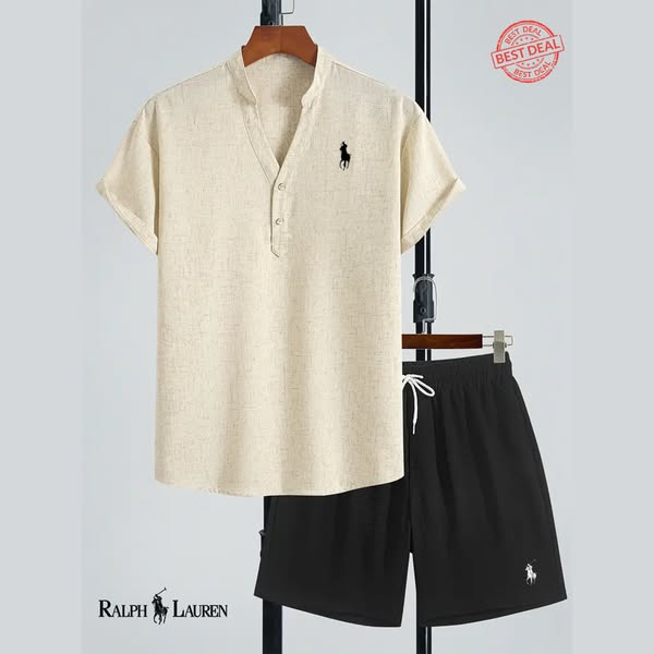 R&L 2-Piece Blended Linen Set for Men – V-Neck